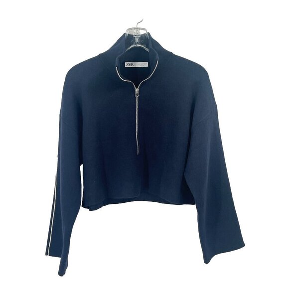 Zara Sweaters - Zara Mock Neck Navy Blue Sweater Zipper Stripe Sz S